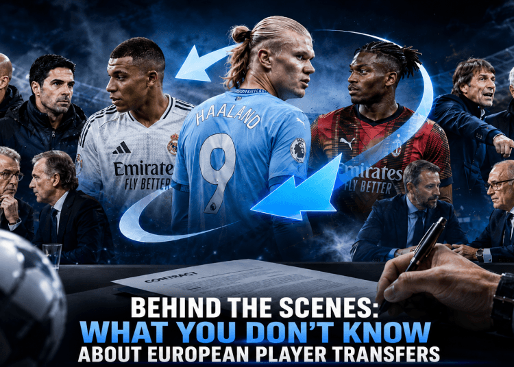 European football transfers explained with contract papers, club shirts and transfer window graphics