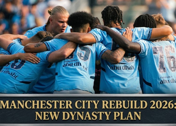 naomba nitengenezee picha hii as a featured picha kwente artical yangu, picha iwe na headline ya artical chini ya hiyo picha, na headline iwe ni "Manchester City Rebuild 2026: New Dynasty Plan" ZINGATIA epuka AI colour, epuka plastic colour, picha iwe cinematic mode of picture, NOTE; i need the realistic picture according to the artical above