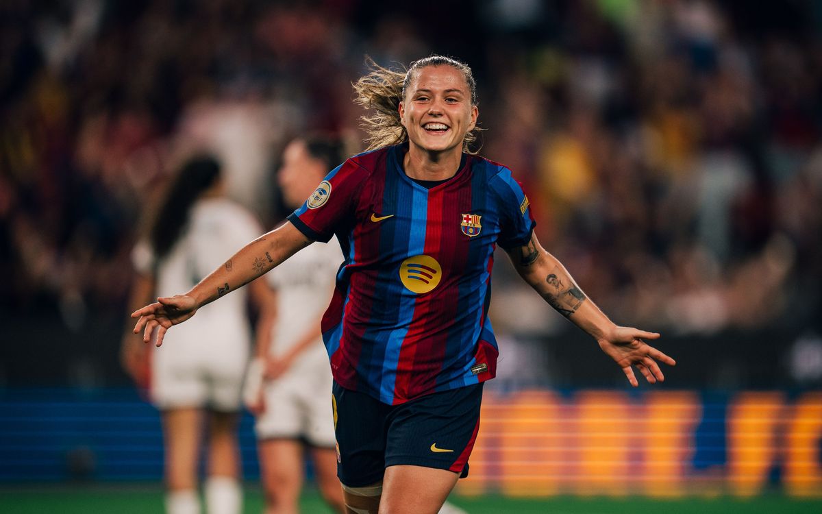Claudia Pina celebrates for Barcelona against Real Madrid in October 2026