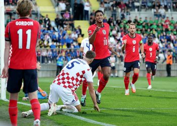 Jude Bellingham celebrates for England against Croatia