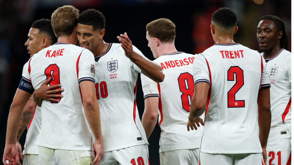 Jude Bellingham and England teammates celebrate with Harry Kane at Wembley