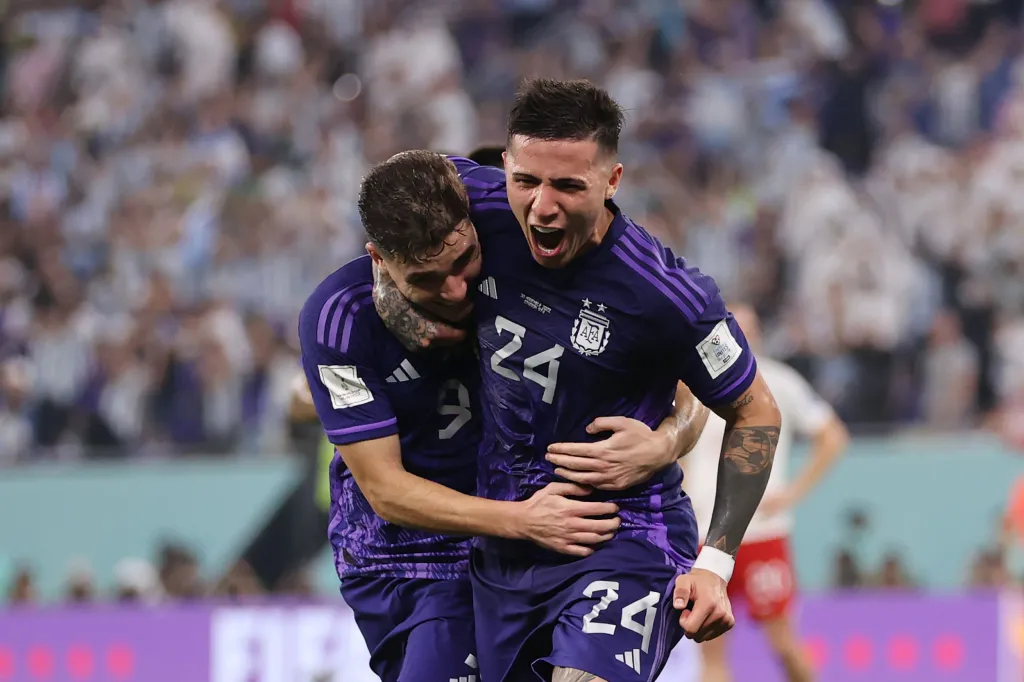 Julian Alvarez and Enzo Fernandez celebrate together for Argentina