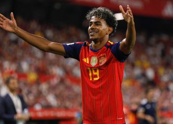 Lamine Yamal celebrating for Spain in 2026