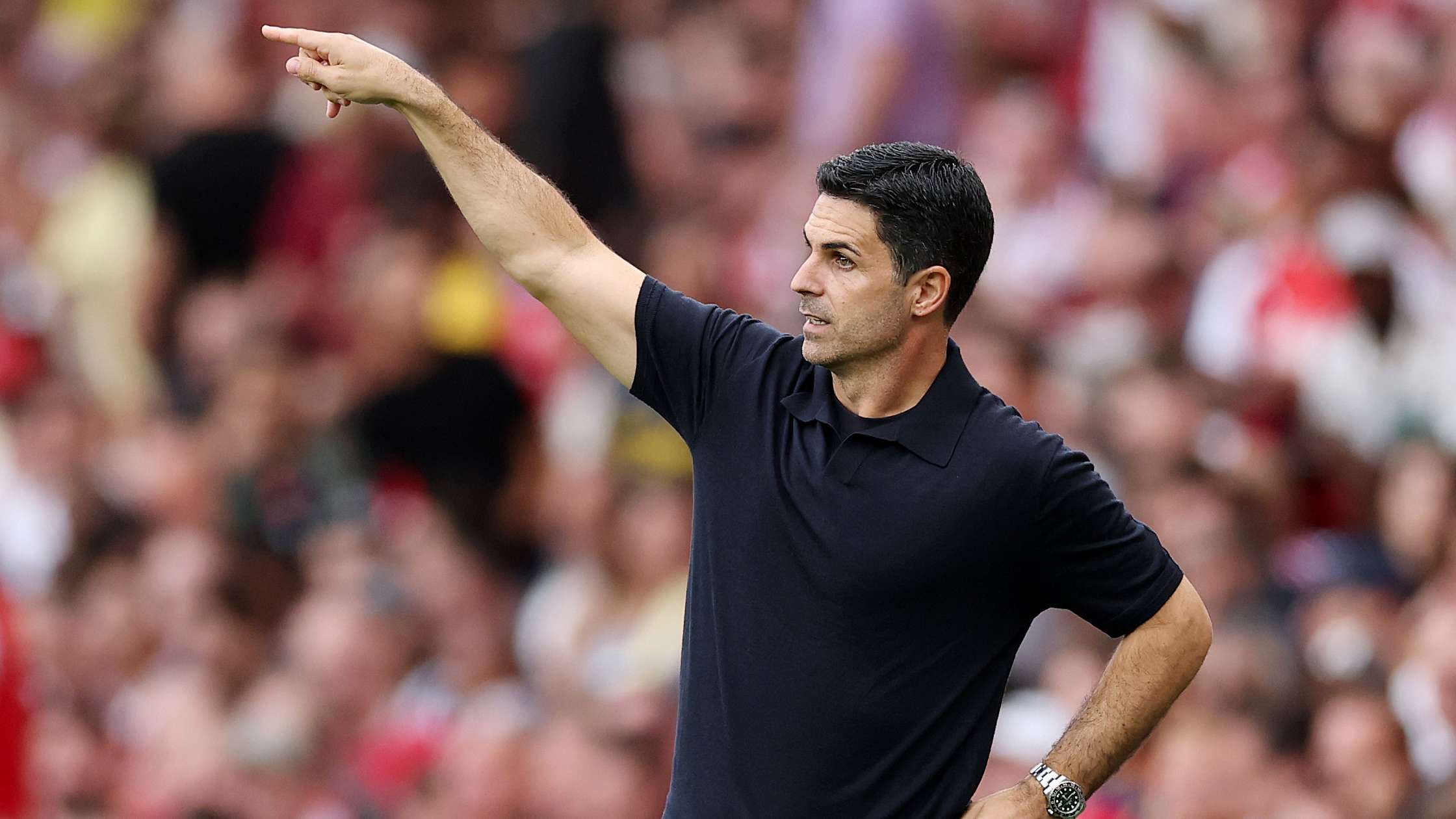 Mikel Arteta on the touchline at Emirates Stadium in 2026